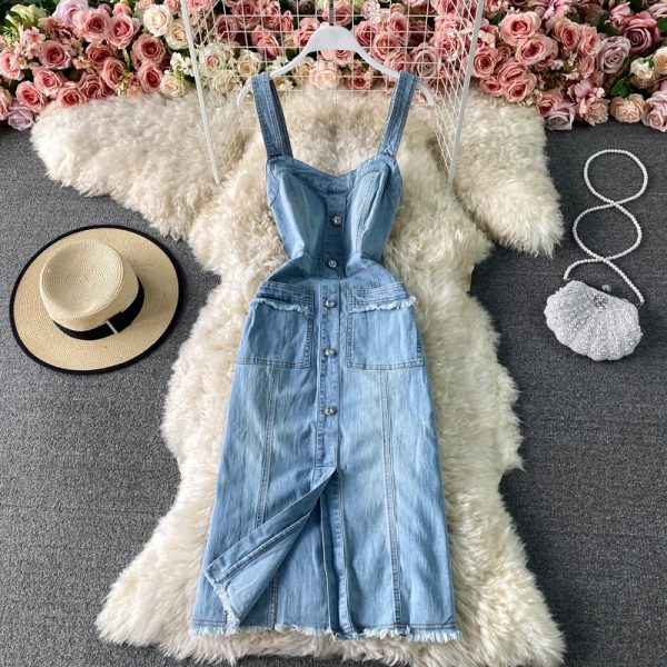 Spring New Korean Style Raw Hem High Waist Dress Mid-Length Slim Fit Bandeau Sling Denim Suspender Skirt - Image 2