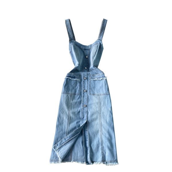 Spring New Korean Style Raw Hem High Waist Dress Mid-Length Slim Fit Bandeau Sling Denim Suspender Skirt - Image 6