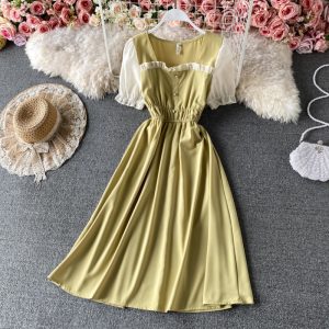 Retro Fake Two Pieces Square Collar Dress Short Sleeve Spring New Elegant Chic Waist-Tight Lady Mid-Length Skirt