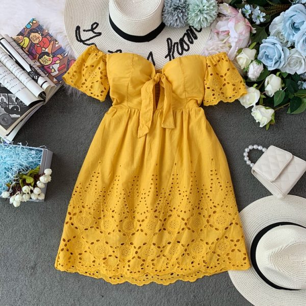 off-Shoulder Cotton Embroidered Backless Lace-up Tube Top High Waist Solid Color Dress Short Sleeve Holiday Dress with Chest Pad - Image 2