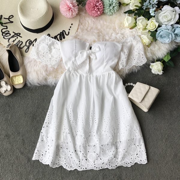 off-Shoulder Cotton Embroidered Backless Lace-up Tube Top High Waist Solid Color Dress Short Sleeve Holiday Dress with Chest Pad - Image 3