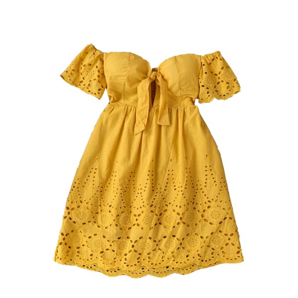 off-Shoulder Cotton Embroidered Backless Lace-up Tube Top High Waist Solid Color Dress Short Sleeve Holiday Dress with Chest Pad - Image 7