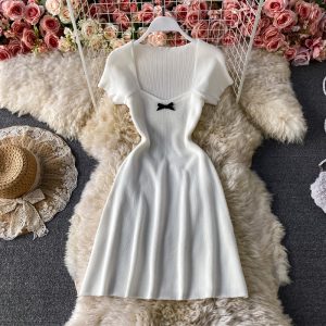 Women’s Bow Square Collar Slimming Knitted Dress Summer New Waist-Tight Slimming A- line Skirt-Child Flab Hiding Skirt