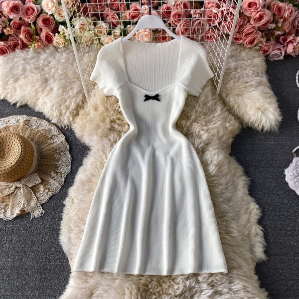 Women’s Bow Square Collar Slimming Knitted Dress Summer New Waist-Tight Slimming A- line Skirt-Child Flab Hiding Skirt - Image 2