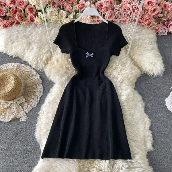 Women’s Bow Square Collar Slimming Knitted Dress Summer New Waist-Tight Slimming A- line Skirt-Child Flab Hiding Skirt - Image 3