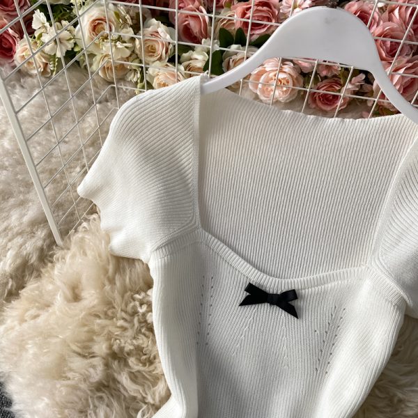 Women’s Bow Square Collar Slimming Knitted Dress Summer New Waist-Tight Slimming A- line Skirt-Child Flab Hiding Skirt - Image 4