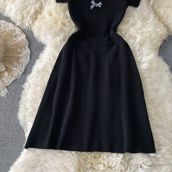 Women’s Bow Square Collar Slimming Knitted Dress Summer New Waist-Tight Slimming A- line Skirt-Child Flab Hiding Skirt - Image 5