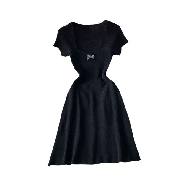 Women’s Bow Square Collar Slimming Knitted Dress Summer New Waist-Tight Slimming A- line Skirt-Child Flab Hiding Skirt - Image 6