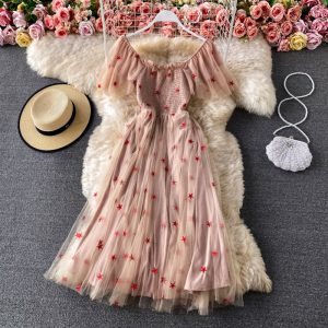 Fairy Dress Chic Gentle Summer New French Style Super Mori Waist Slimming Temperament Square Collar Mesh Dress