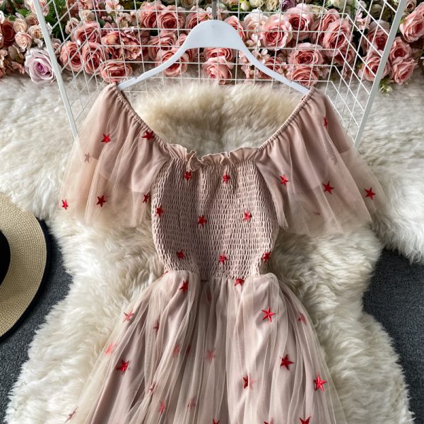 Fairy Dress Chic Gentle Summer New French Style Super Mori Waist Slimming Temperament Square Collar Mesh Dress - Image 3