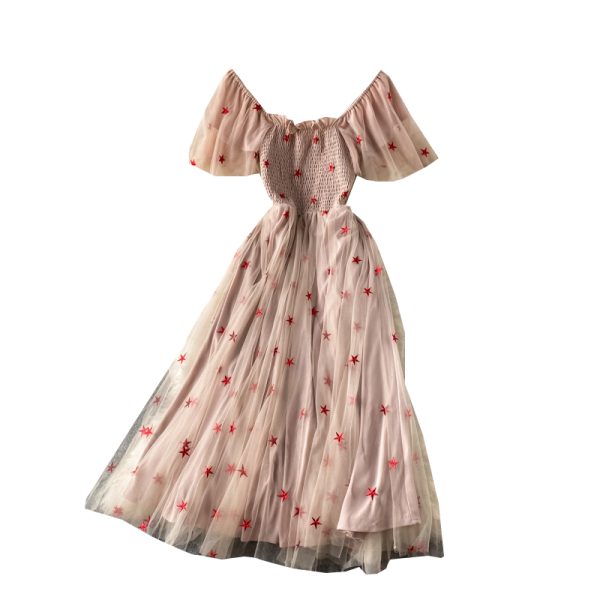 Fairy Dress Chic Gentle Summer New French Style Super Mori Waist Slimming Temperament Square Collar Mesh Dress - Image 6