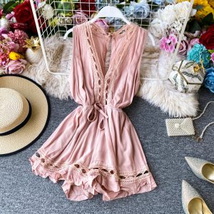 Summer New Korean Style Sweet Elegant Lace Flounce Trim Lace up V-neck Jumpsuit High Waist Wide Leg Jumpsuit Shorts