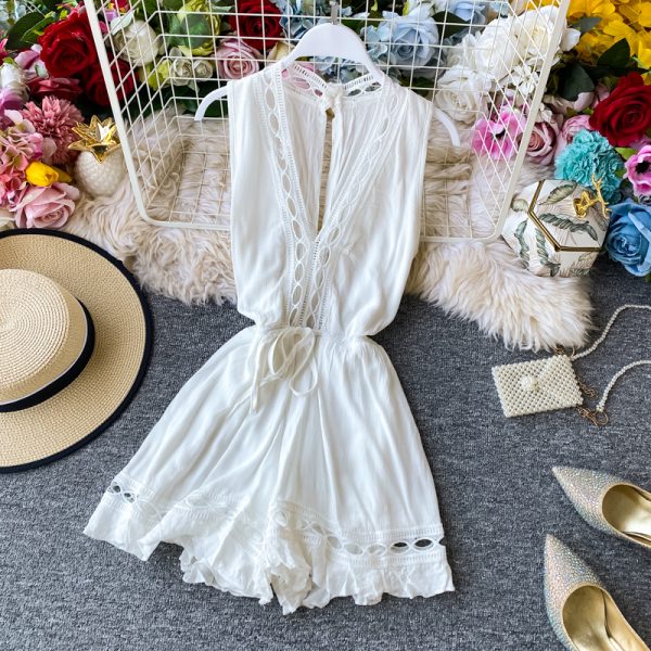 Summer New Korean Style Sweet Elegant Lace Flounce Trim Lace up V-neck Jumpsuit High Waist Wide Leg Jumpsuit Shorts - Image 3