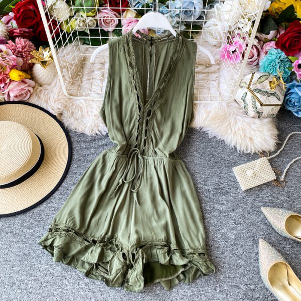 Summer New Korean Style Sweet Elegant Lace Flounce Trim Lace up V-neck Jumpsuit High Waist Wide Leg Jumpsuit Shorts - Image 4