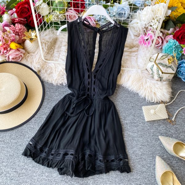 Summer New Korean Style Sweet Elegant Lace Flounce Trim Lace up V-neck Jumpsuit High Waist Wide Leg Jumpsuit Shorts - Image 5