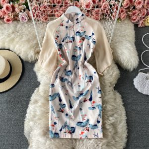 Young Cheongsam Dress Girl Summer Retro Chinese Style Slimming Daily Printing Lotus Leaf Dress Short Sleeve Short Skirt