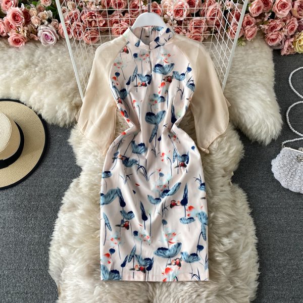 Young Cheongsam Dress Girl Summer Retro Chinese Style Slimming Daily Printing Lotus Leaf Dress Short Sleeve Short Skirt - Image 2