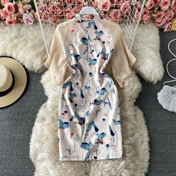 Young Cheongsam Dress Girl Summer Retro Chinese Style Slimming Daily Printing Lotus Leaf Dress Short Sleeve Short Skirt - Image 3