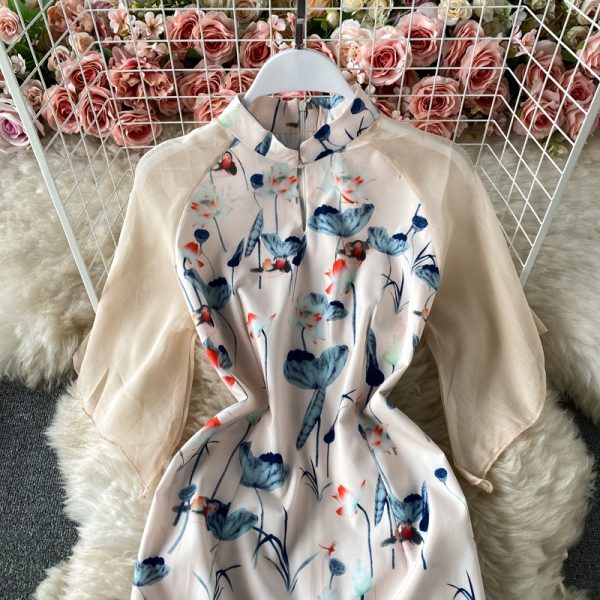 Young Cheongsam Dress Girl Summer Retro Chinese Style Slimming Daily Printing Lotus Leaf Dress Short Sleeve Short Skirt - Image 4