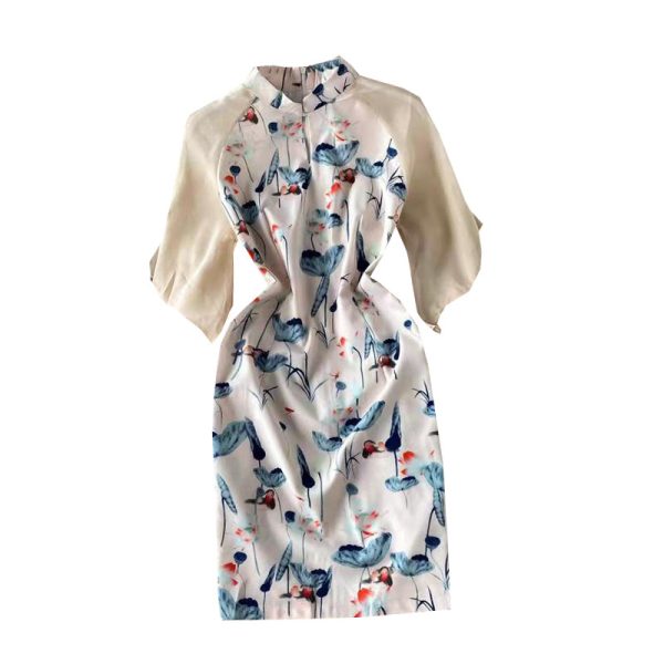 Young Cheongsam Dress Girl Summer Retro Chinese Style Slimming Daily Printing Lotus Leaf Dress Short Sleeve Short Skirt - Image 6