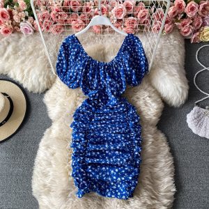 French waist, thin, short buttocks skirt, floral chiffon, square neck, puff sleeve dress
