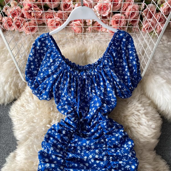 French waist, thin, short buttocks skirt, floral chiffon, square neck, puff sleeve dress - Image 4
