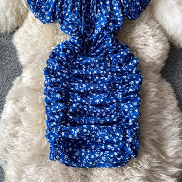 French waist, thin, short buttocks skirt, floral chiffon, square neck, puff sleeve dress - Image 5