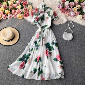 Printed dress goddess fan summer new waist chiffon temperament long skirt elegant lotus leaf sleeve holiday big swing skirt