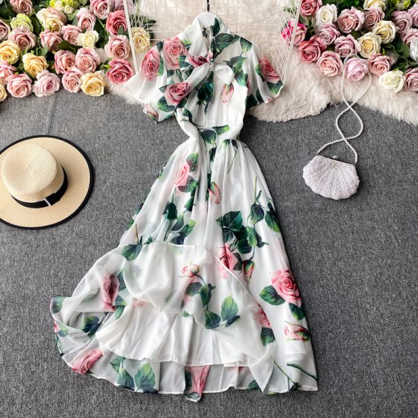Printed dress goddess fan summer new waist chiffon temperament long skirt elegant lotus leaf sleeve holiday big swing skirt - Image 3