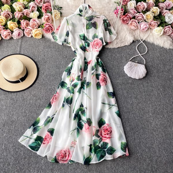 Printed dress goddess fan summer new waist chiffon temperament long skirt elegant lotus leaf sleeve holiday big swing skirt - Image 4