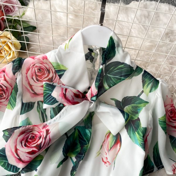 Printed dress goddess fan summer new waist chiffon temperament long skirt elegant lotus leaf sleeve holiday big swing skirt - Image 5