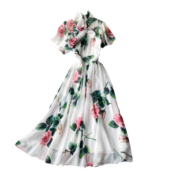 Printed dress goddess fan summer new waist chiffon temperament long skirt elegant lotus leaf sleeve holiday big swing skirt - Image 6