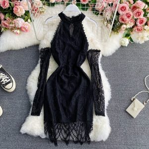 Summer New Fashion Socialite Style Elegant Slim-Fit Halter off-Shoulder and Black Lace Sheath Dress Dress Dress