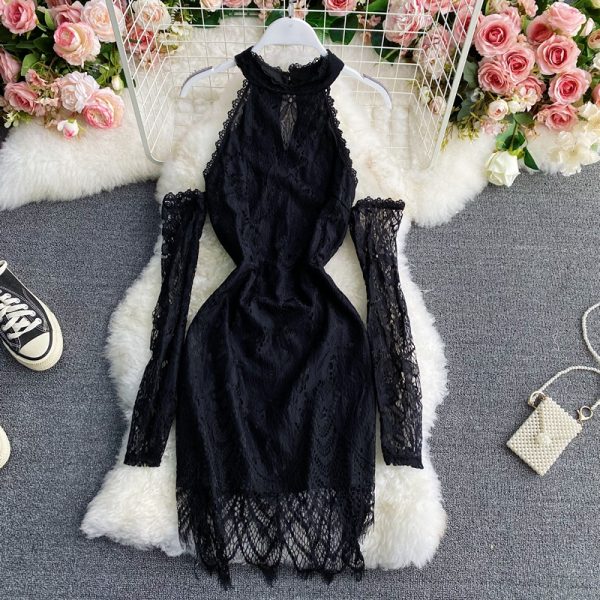 Summer New Fashion Socialite Style Elegant Slim-Fit Halter off-Shoulder and Black Lace Sheath Dress Dress Dress