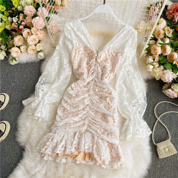 Fall New Sexy All-Match V-neck Pleated Slim-Fit Slimming Flounce Lace Long Sleeve Narrow Dress - Image 2