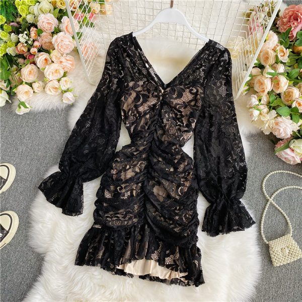 Fall New Sexy All-Match V-neck Pleated Slim-Fit Slimming Flounce Lace Long Sleeve Narrow Dress - Image 3