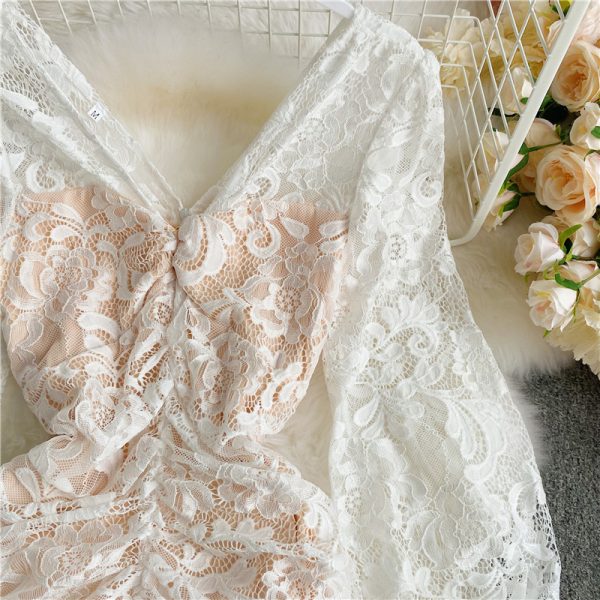 Fall New Sexy All-Match V-neck Pleated Slim-Fit Slimming Flounce Lace Long Sleeve Narrow Dress - Image 4