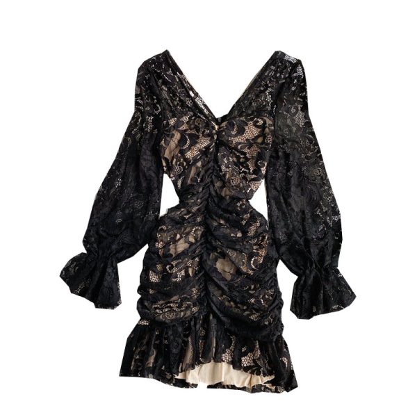 Fall New Sexy All-Match V-neck Pleated Slim-Fit Slimming Flounce Lace Long Sleeve Narrow Dress - Image 6