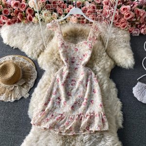 French Style Retro Spaghetti Straps Lace Embroidery Floral Dress Spring New Women’s Graceful and Fashionable Backless Skirt