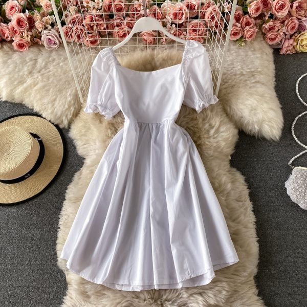 Summer New French Style Retro Elegant Young Girl Square-Neck Cinched Dress Short Sleeve Hepburn Style Little Black Dress - Image 3