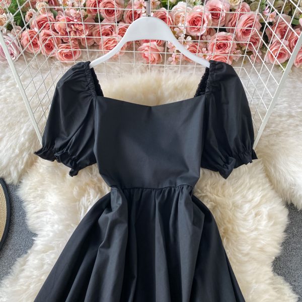 Summer New French Style Retro Elegant Young Girl Square-Neck Cinched Dress Short Sleeve Hepburn Style Little Black Dress - Image 5