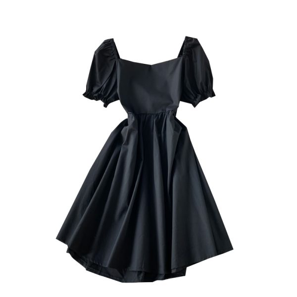 Summer New French Style Retro Elegant Young Girl Square-Neck Cinched Dress Short Sleeve Hepburn Style Little Black Dress - Image 6