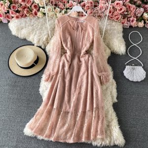 New Women’s Clothing French Style Retro Long Sleeve Solid Color Lace Dress Design Sense Niche Waist-Tight Temperament Lady
