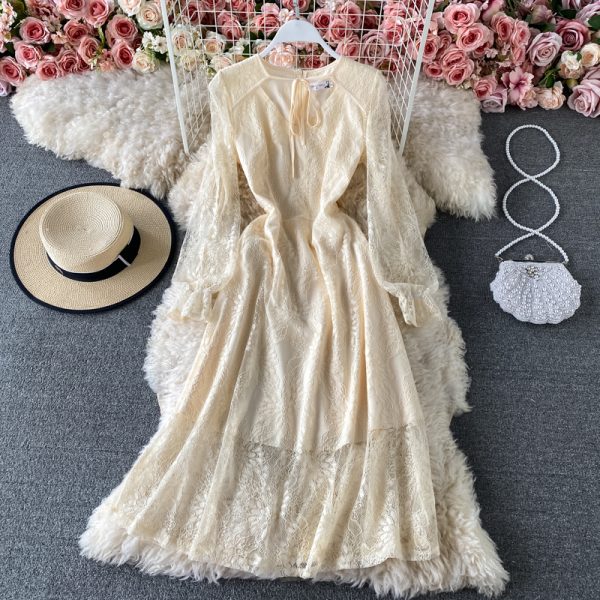 New Women’s Clothing French Style Retro Long Sleeve Solid Color Lace Dress Design Sense Niche Waist-Tight Temperament Lady - Image 3