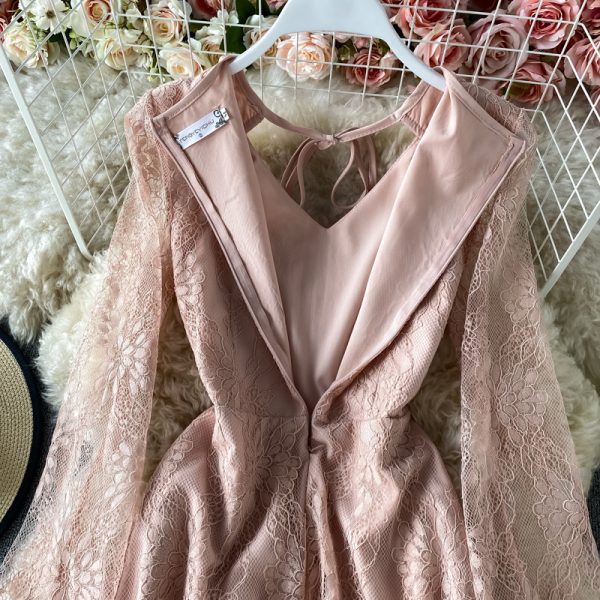 New Women’s Clothing French Style Retro Long Sleeve Solid Color Lace Dress Design Sense Niche Waist-Tight Temperament Lady - Image 5