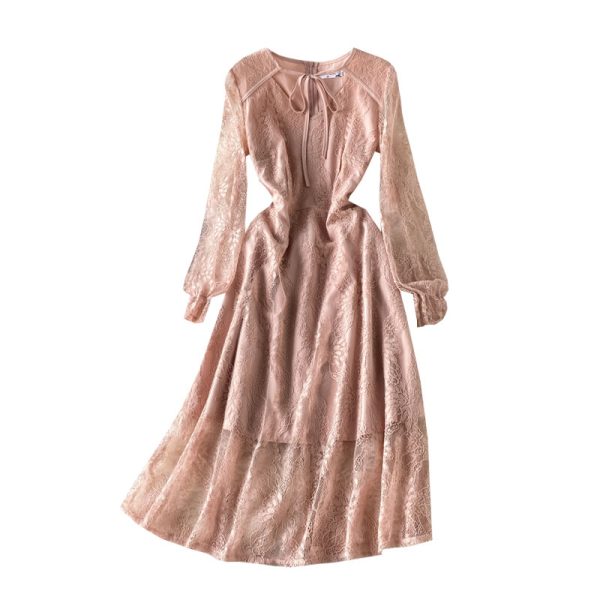 New Women’s Clothing French Style Retro Long Sleeve Solid Color Lace Dress Design Sense Niche Waist-Tight Temperament Lady - Image 6