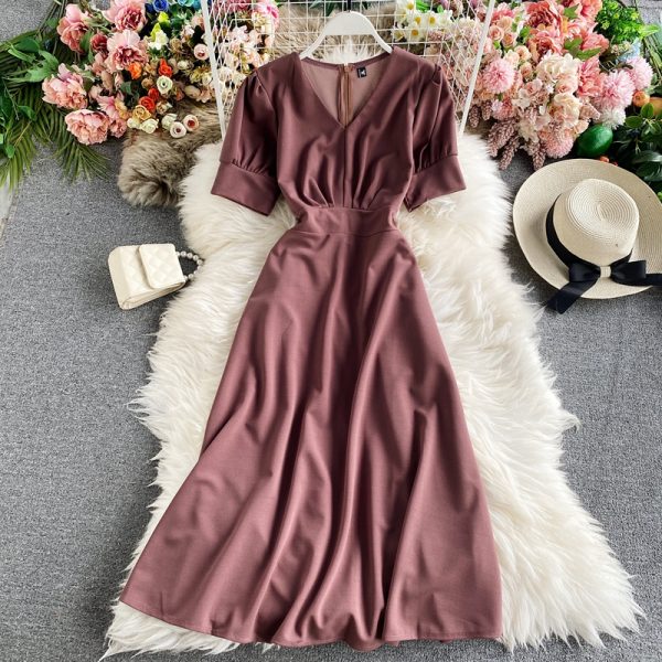 French Style V-neck Puff Sleeve Dress New Fashion Pleated Waist Tight Slimming Retro over the Knee Graceful Long Expansion Skirt - Image 4