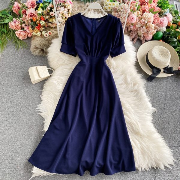 French Style V-neck Puff Sleeve Dress New Fashion Pleated Waist Tight Slimming Retro over the Knee Graceful Long Expansion Skirt - Image 5