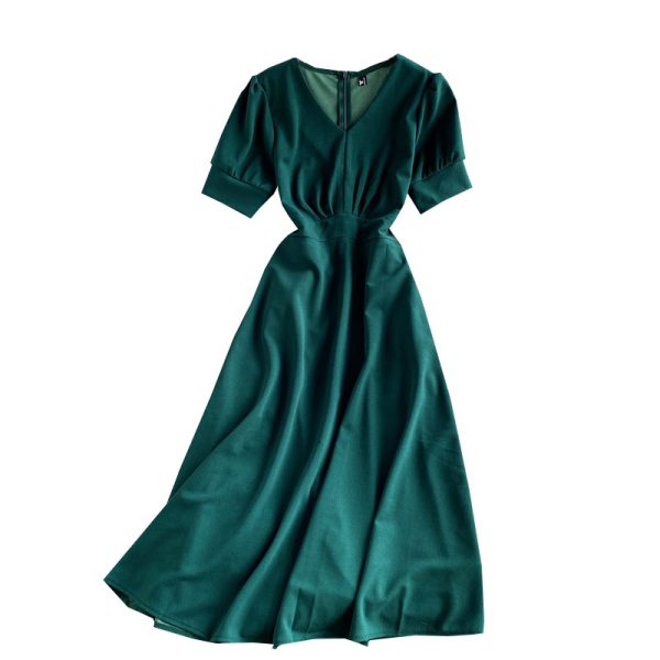 French Style V-neck Puff Sleeve Dress New Fashion Pleated Waist Tight Slimming Retro over the Knee Graceful Long Expansion Skirt - Image 6