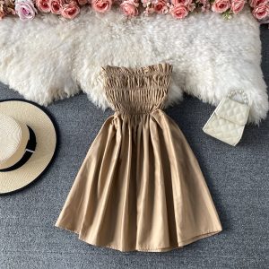Summer New Fashion Solid Color Waist Tight Slimming Small High Waist off-Shoulder Pleated Tube Top Dress Short Skirt
